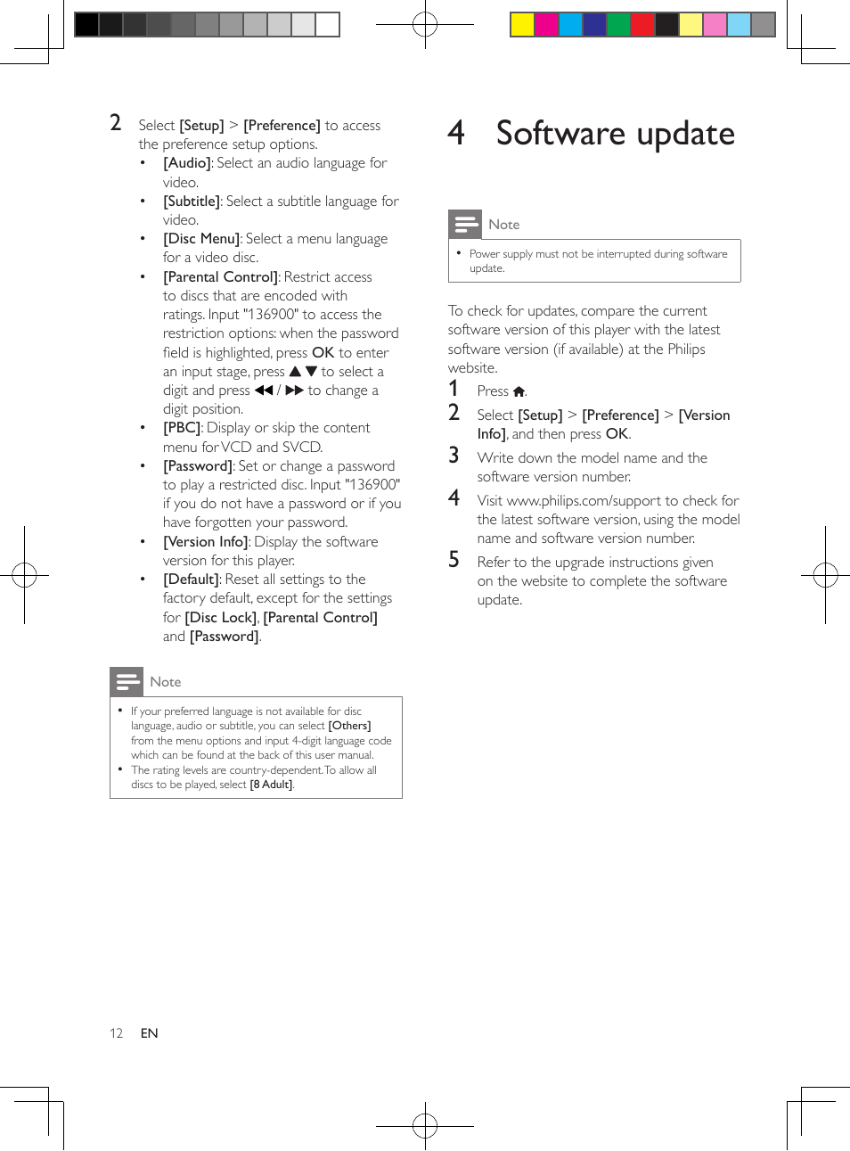 3 change settings, General (sleep, standby...), Picture | Sound, 4 software update | Philips DVP2880-F7 User Manual | Page 12 / 18