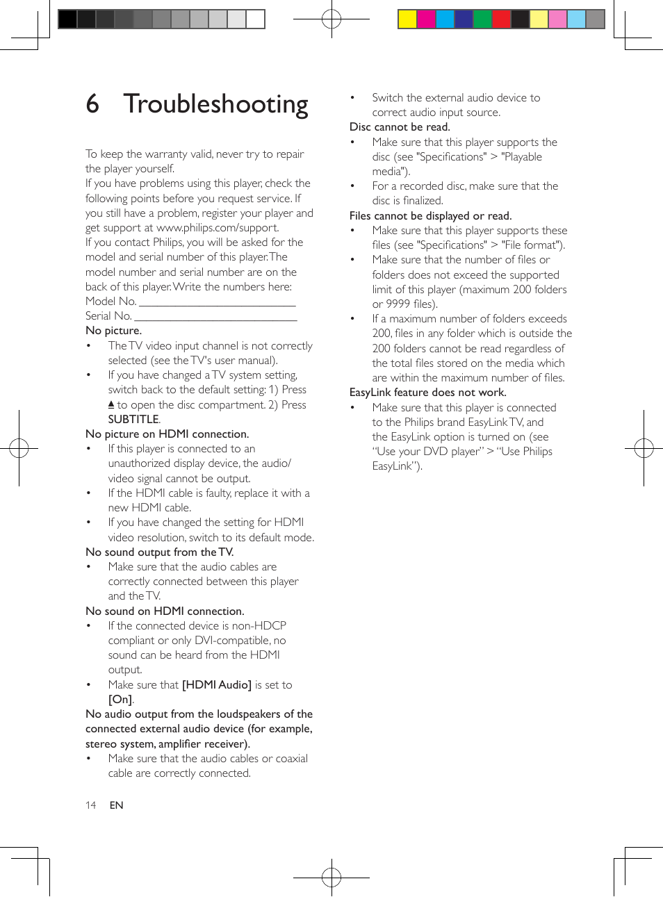 4 software update, 6 troubleshooting | Philips DVP2880-F7 User Manual | Page 14 / 18