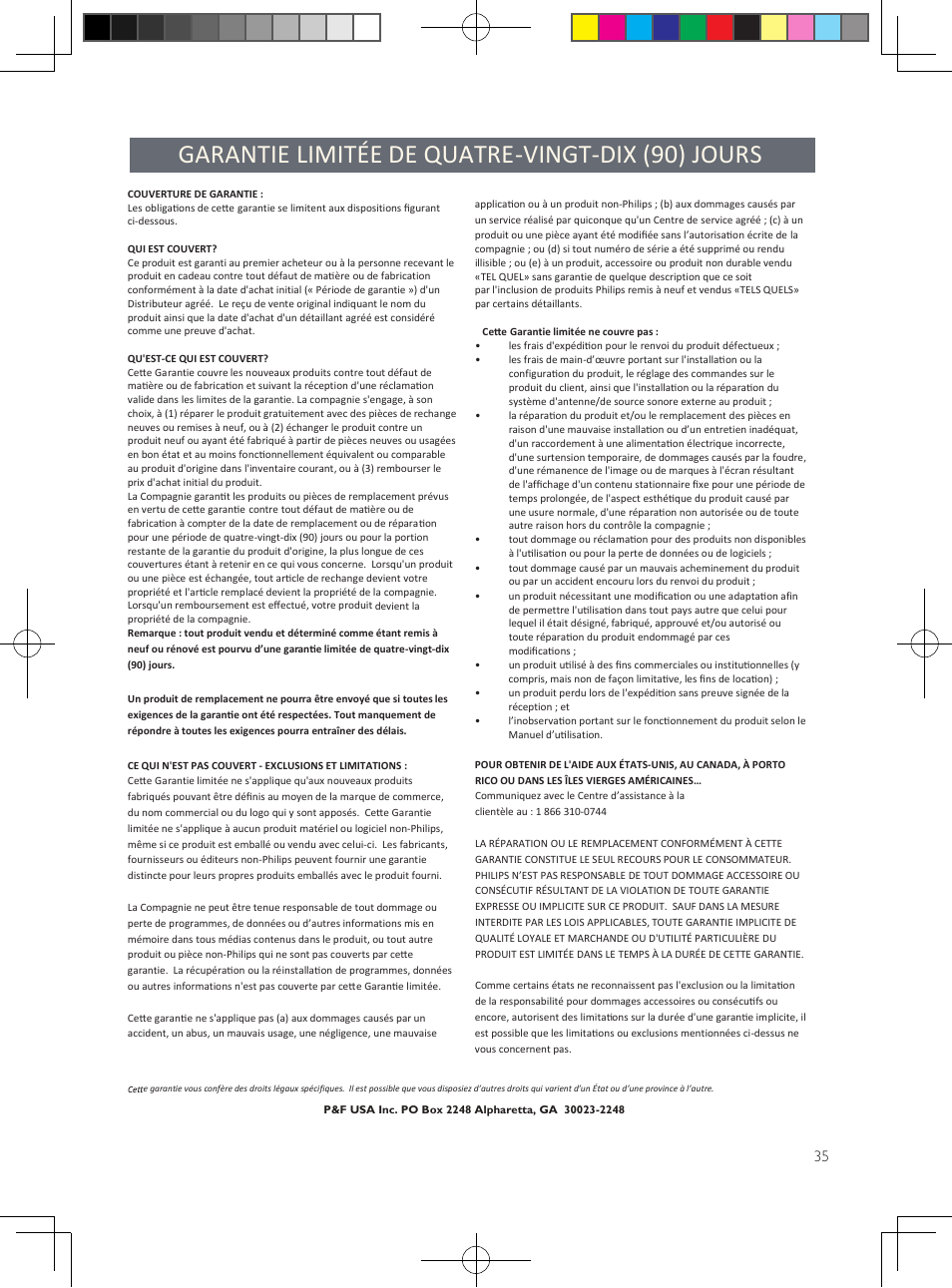 Garantie limitée de quatre-vingt-dix (90) jours | Philips DVP2880-F7 User Manual | Page 16 / 18