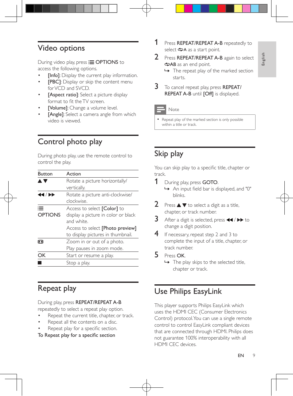 2 use your dvd player, Basic play control, Video options | Control photo play, Repeat play, Skip play, Use philips easylink | Philips DVP2880-F7 User Manual | Page 9 / 18