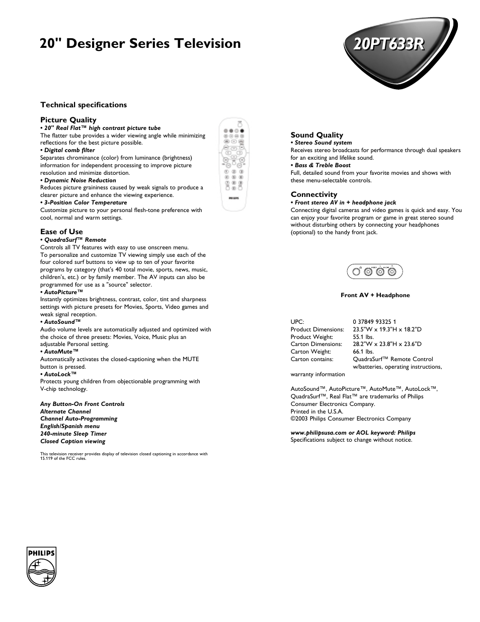 20" designer series television | Philips 20PT633R User Manual | Page 2 / 2