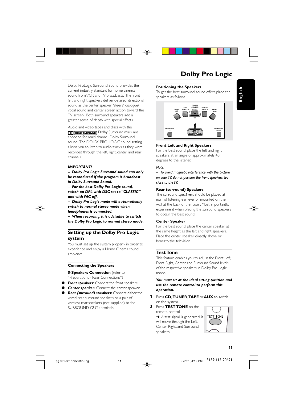 Dolby pro logic, Setting up the dolby pro logic system, Test tone | Philips FWP750 User Manual | Page 11 / 31