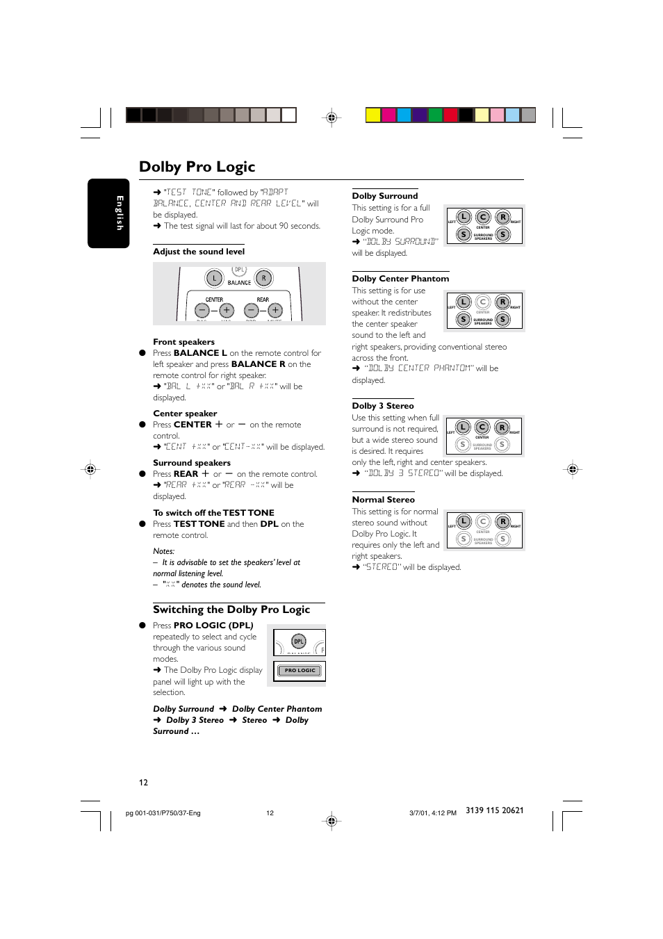 Dolby pro logic, Switching the dolby pro logic | Philips FWP750 User Manual | Page 12 / 31