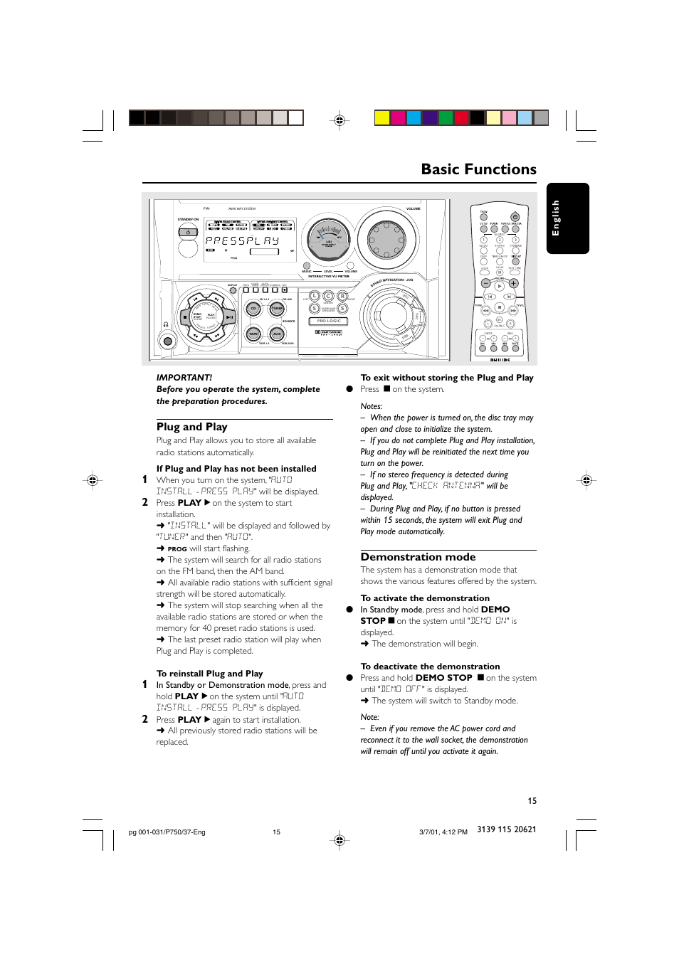 Basic functions, Plug and play, Demonstration mode | Philips FWP750 User Manual | Page 15 / 31
