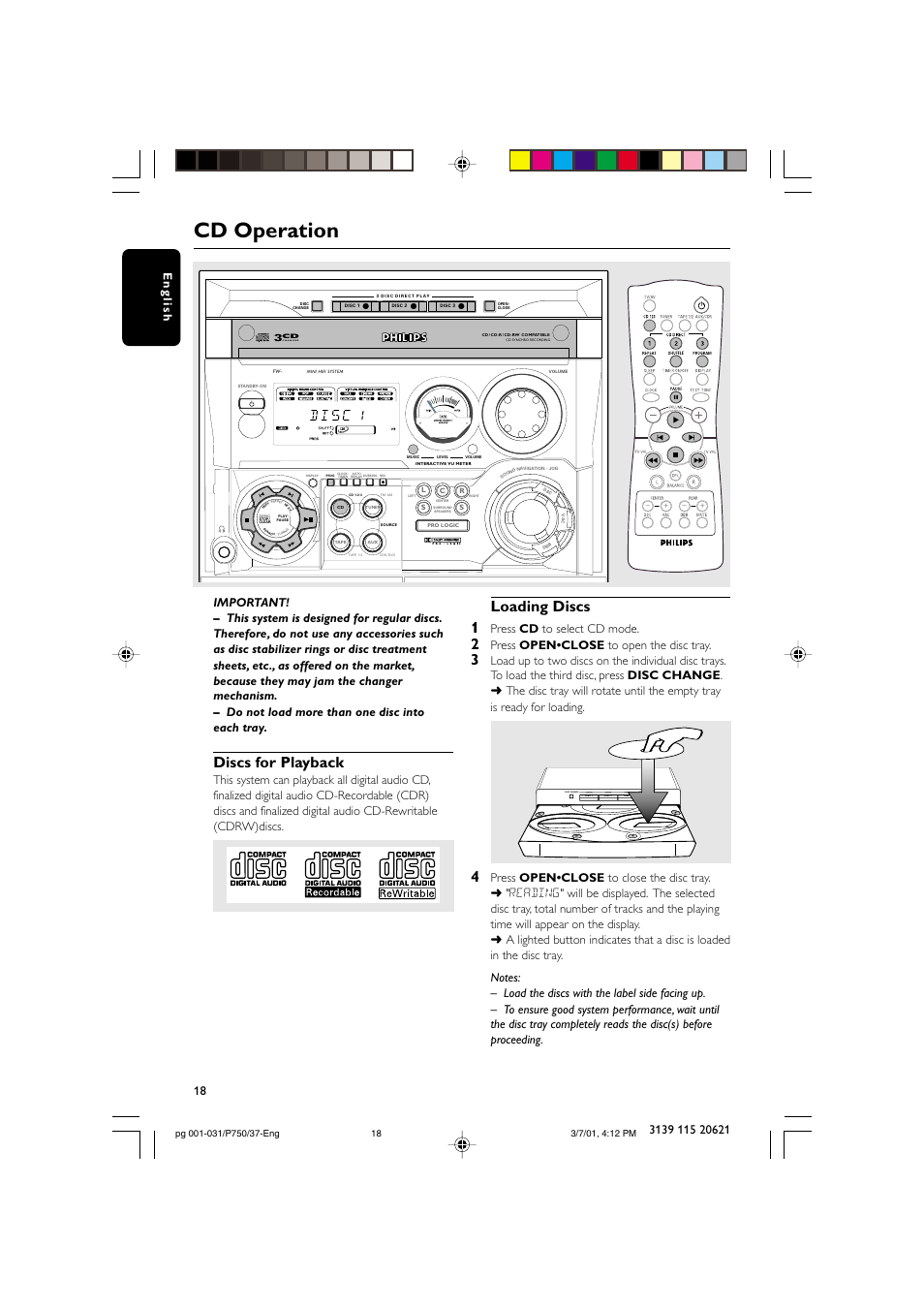 Cd operation, Discs for playback, Loading discs 1 | Disc change, Open•close, Press cd to select cd mode, Press open•close to open the disc tray | Philips FWP750 User Manual | Page 18 / 31