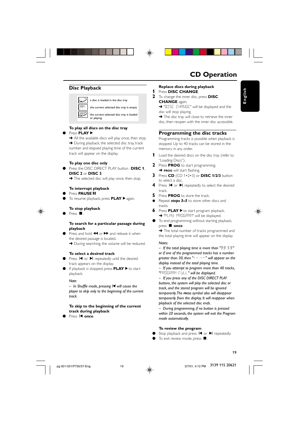 Cd operation, Disc playback, Programming the disc tracks | Philips FWP750 User Manual | Page 19 / 31