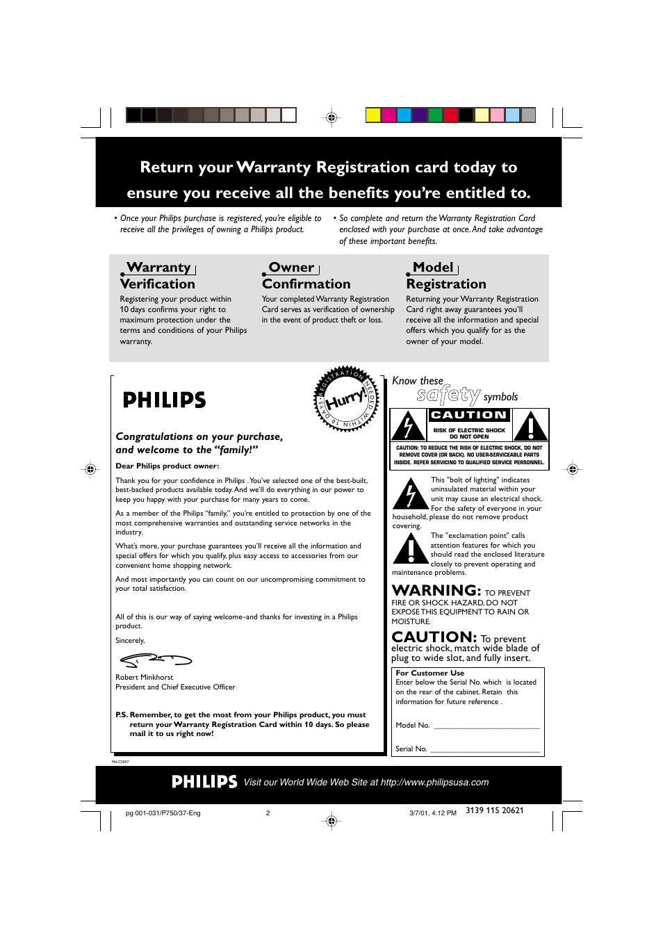 Safety, Hur ry, Caution | Warning, Warranty verification, Owner confirmation, Model registration, Know these, Symbols | Philips FWP750 User Manual | Page 2 / 31