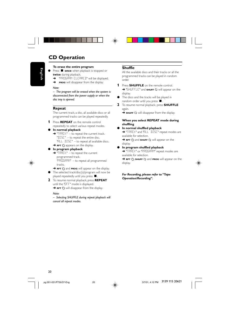 Cd operation, Repeat, Shuffle | Philips FWP750 User Manual | Page 20 / 31