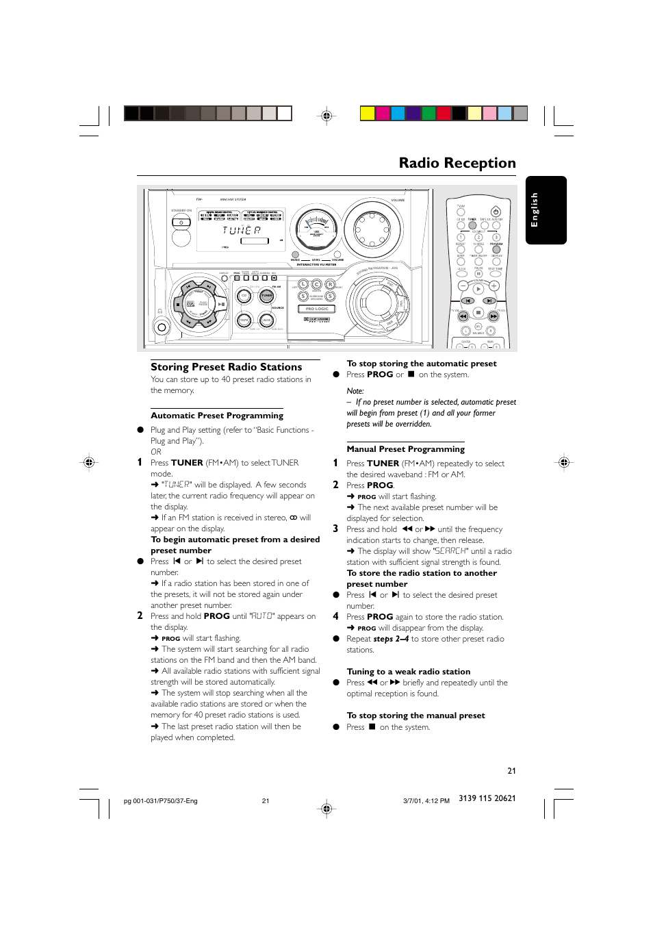 Radio reception, Storing preset radio stations, Press prog | Press prog again to store the radio station | Philips FWP750 User Manual | Page 21 / 31