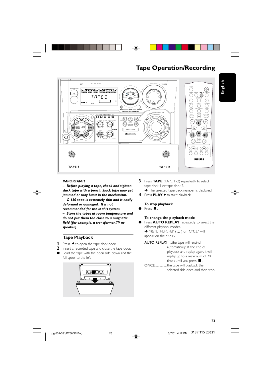 Tape operation/recording, Tape playback 1, Press çto open the tape deck door | Philips FWP750 User Manual | Page 23 / 31