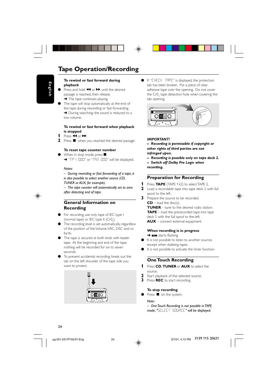 Tape operation/recording, General information on recording, Preparation for recording 1 | One touch recording 1 | Philips FWP750 User Manual | Page 24 / 31