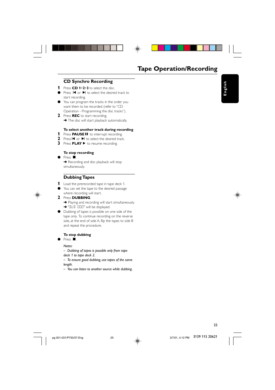 Tape operation/recording | Philips FWP750 User Manual | Page 25 / 31