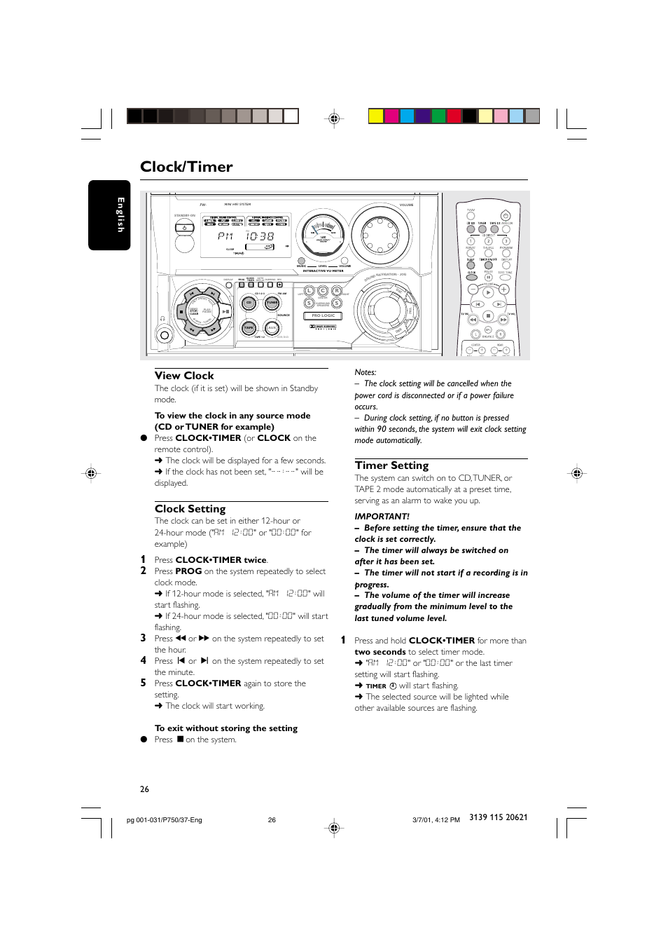 Clock/timer, View clock, Clock setting | Timer setting, Press clock•timer twice | Philips FWP750 User Manual | Page 26 / 31