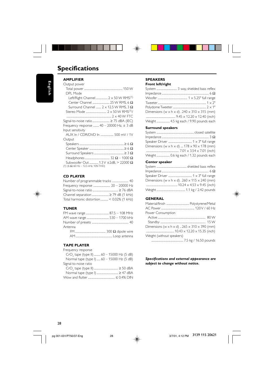 Specifications | Philips FWP750 User Manual | Page 28 / 31