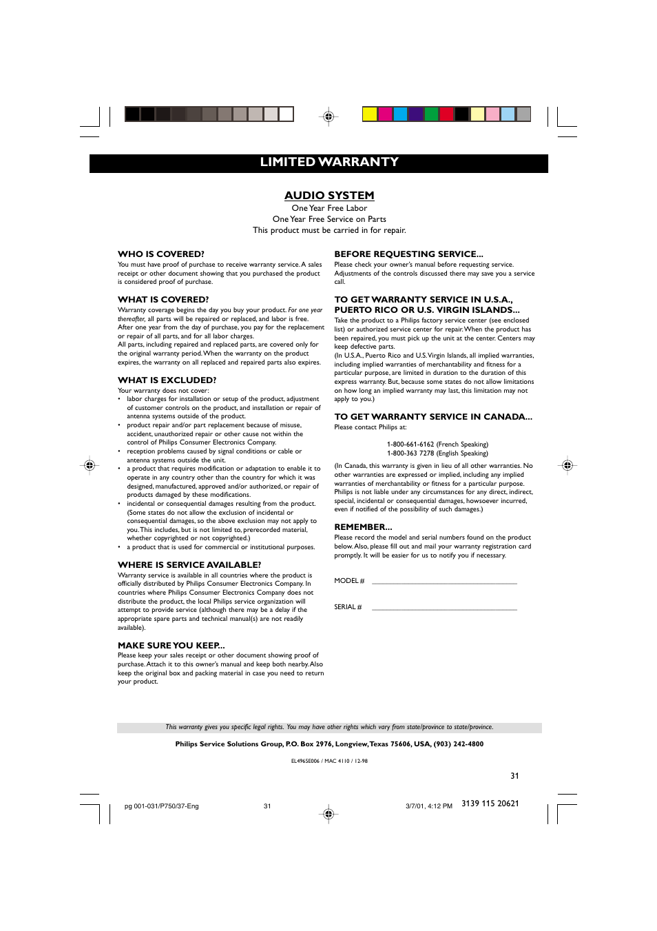 Limited warranty, Audio system | Philips FWP750 User Manual | Page 31 / 31