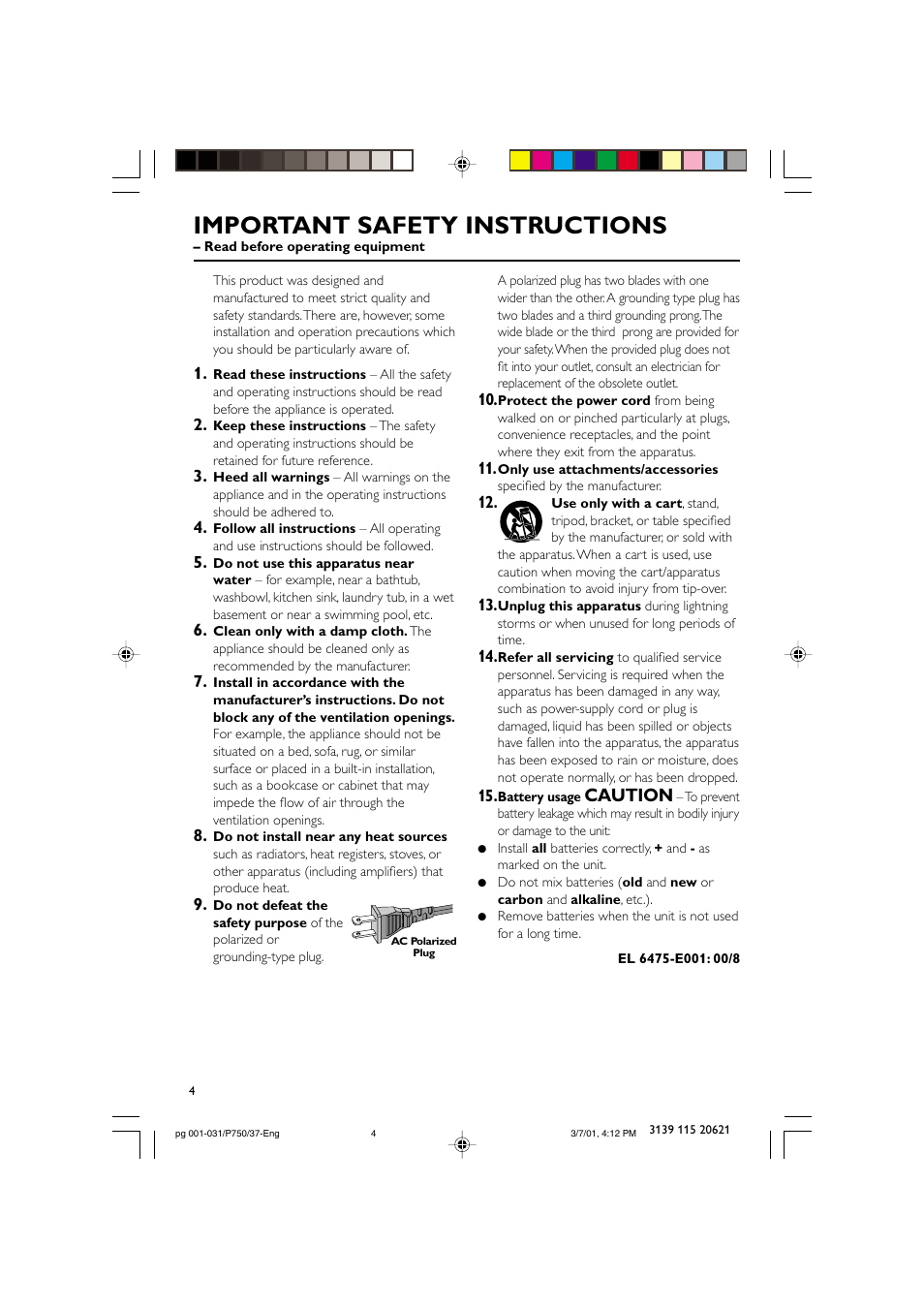 Important safety instructions, Caution | Philips FWP750 User Manual | Page 4 / 31