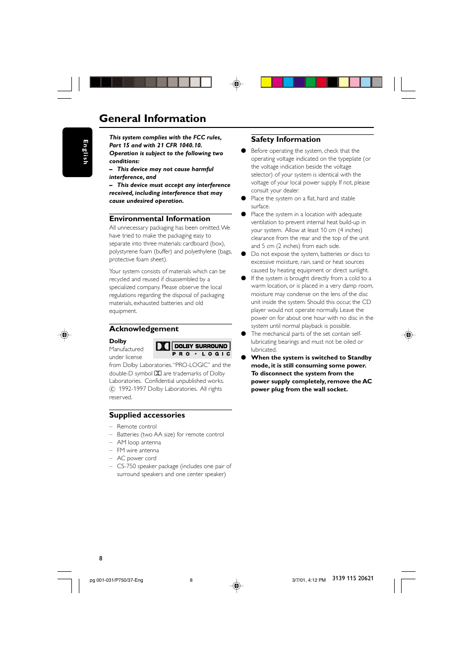 General information, Environmental information, Acknowledgement | Supplied accessories, Safety information | Philips FWP750 User Manual | Page 8 / 31