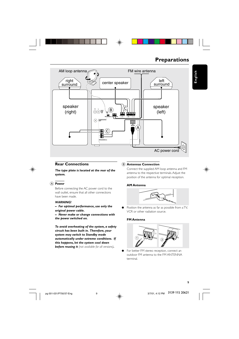 Preparations, Ab c, Speaker (right) speaker (left) | Rear connections, Center speaker left surround right surround, Ac power cord fm wire antenna am loop antenna | Philips FWP750 User Manual | Page 9 / 31