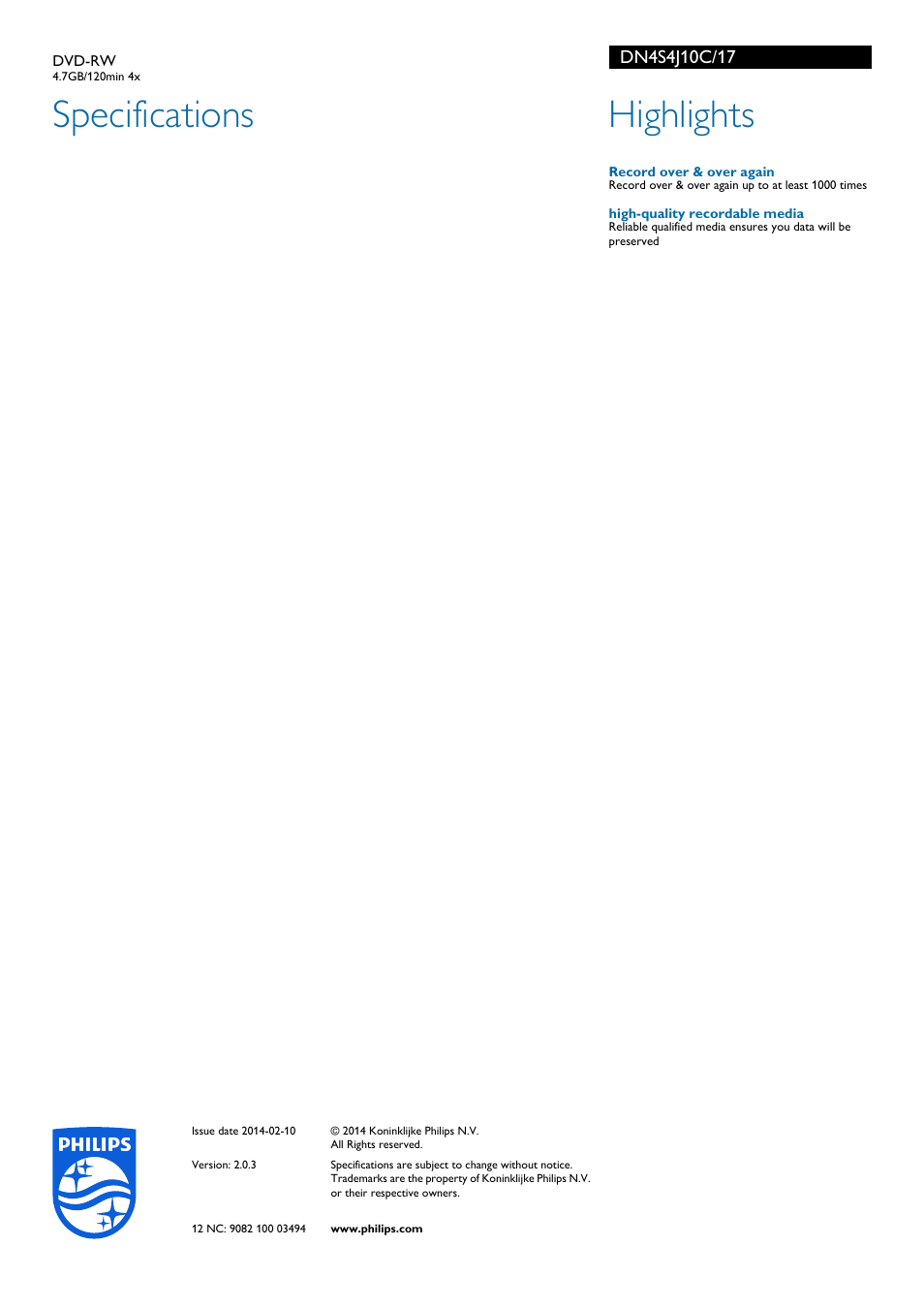 Specifications, Highlights | Philips DN4S4J10C-17 User Manual | Page 2 / 2