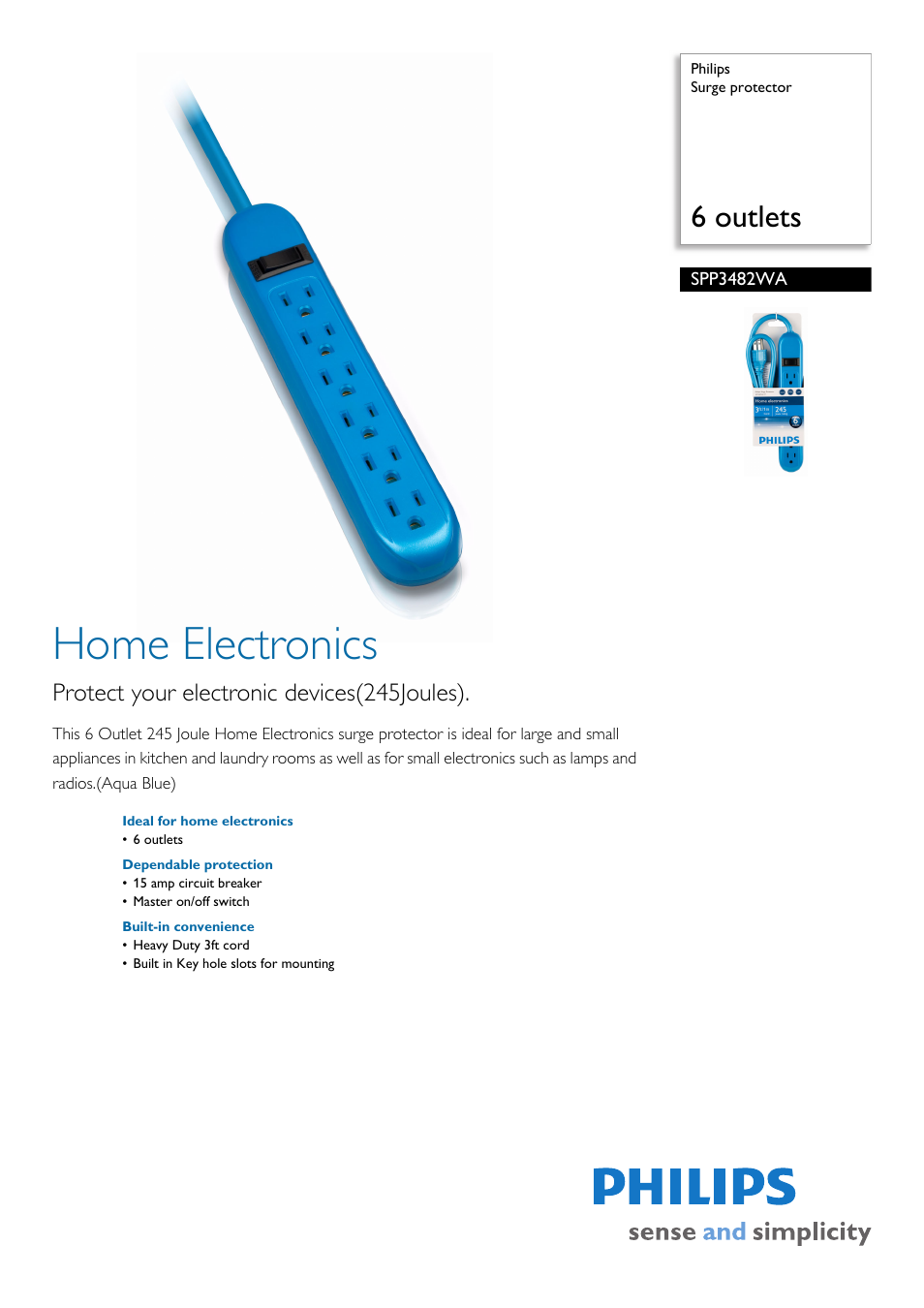 Philips Surge protector SPP3482WA 6 outlets User Manual | 2 pages