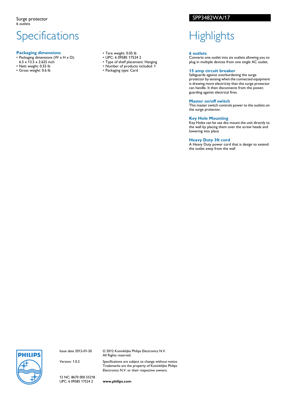 Specifications, Highlights | Philips Surge protector SPP3482WA 6 outlets User Manual | Page 2 / 2