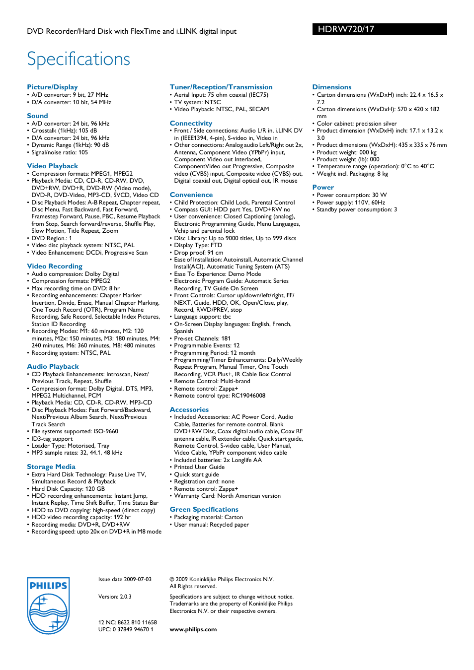 Specifications | Philips HDRW720-17B User Manual | Page 3 / 3