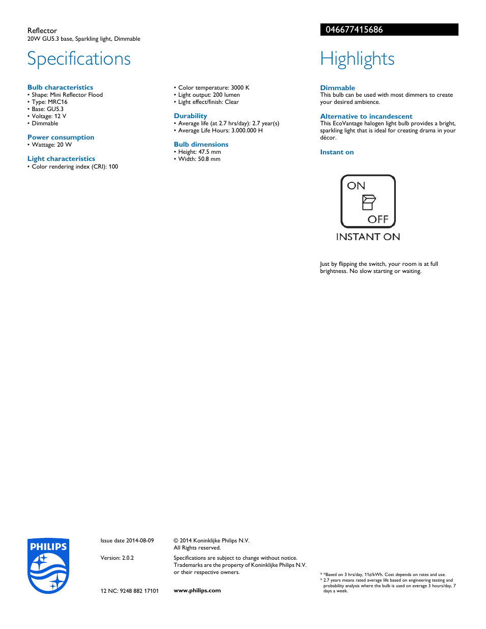 Specifications, Highlights | Philips 046677415686 User Manual | Page 2 / 2