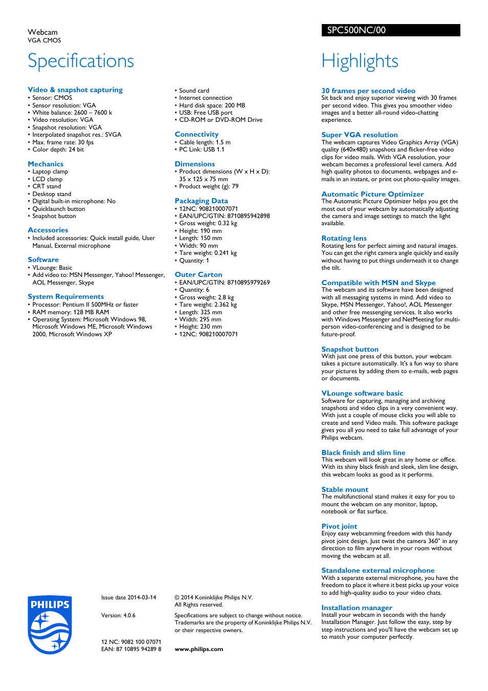 Specifications, Highlights | Philips SPC500NC-00 User Manual | Page 2 / 2