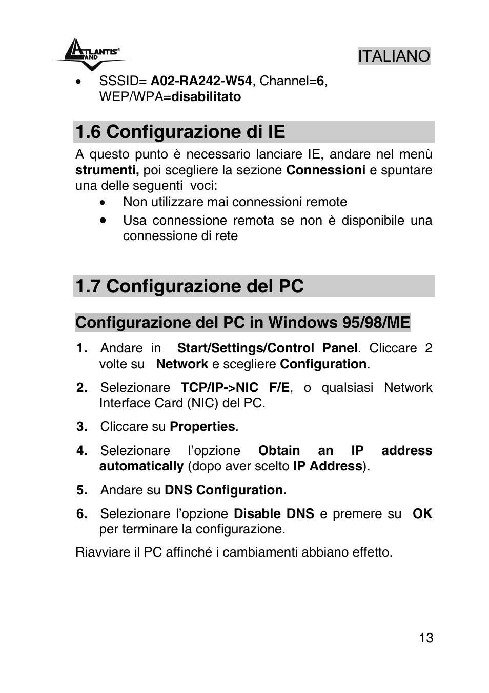 6 configurazione di ie, 7 configurazione del pc | Atlantis Land A02-RA242-W54_GX01 User Manual | Page 13 / 80