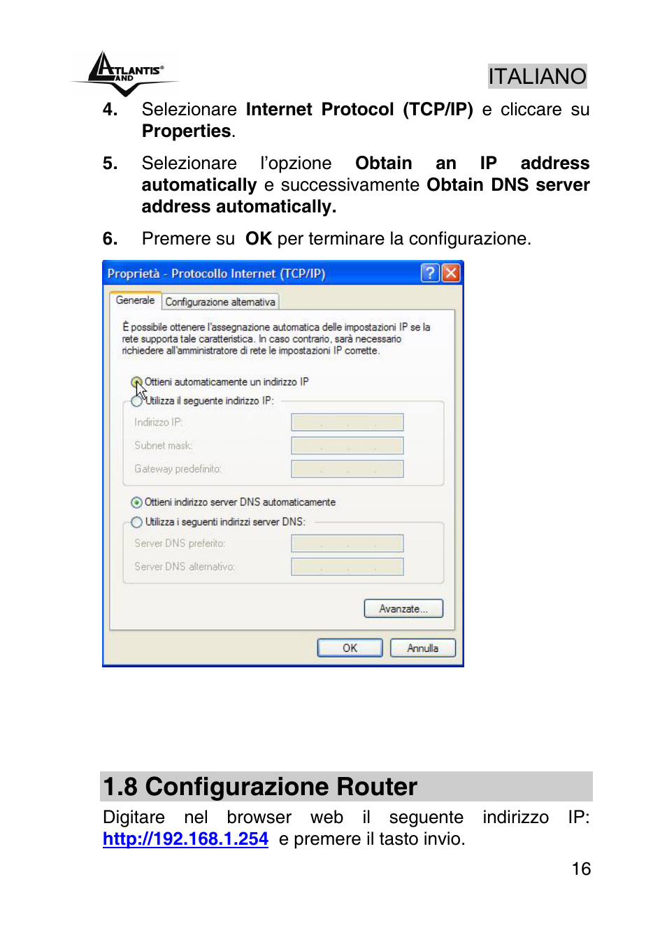 8 configurazione router, Italiano | Atlantis Land A02-RA242-W54_GX01 User Manual | Page 16 / 80