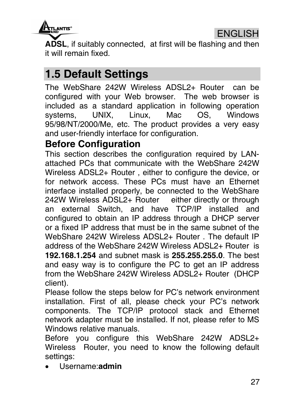 5 default settings | Atlantis Land A02-RA242-W54_GX01 User Manual | Page 27 / 80