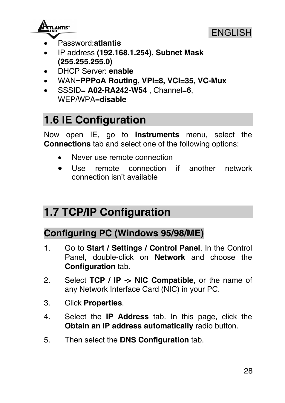 6 ie configuration, 7 tcp/ip configuration, English | Configuring pc (windows 95/98/me) | Atlantis Land A02-RA242-W54_GX01 User Manual | Page 28 / 80