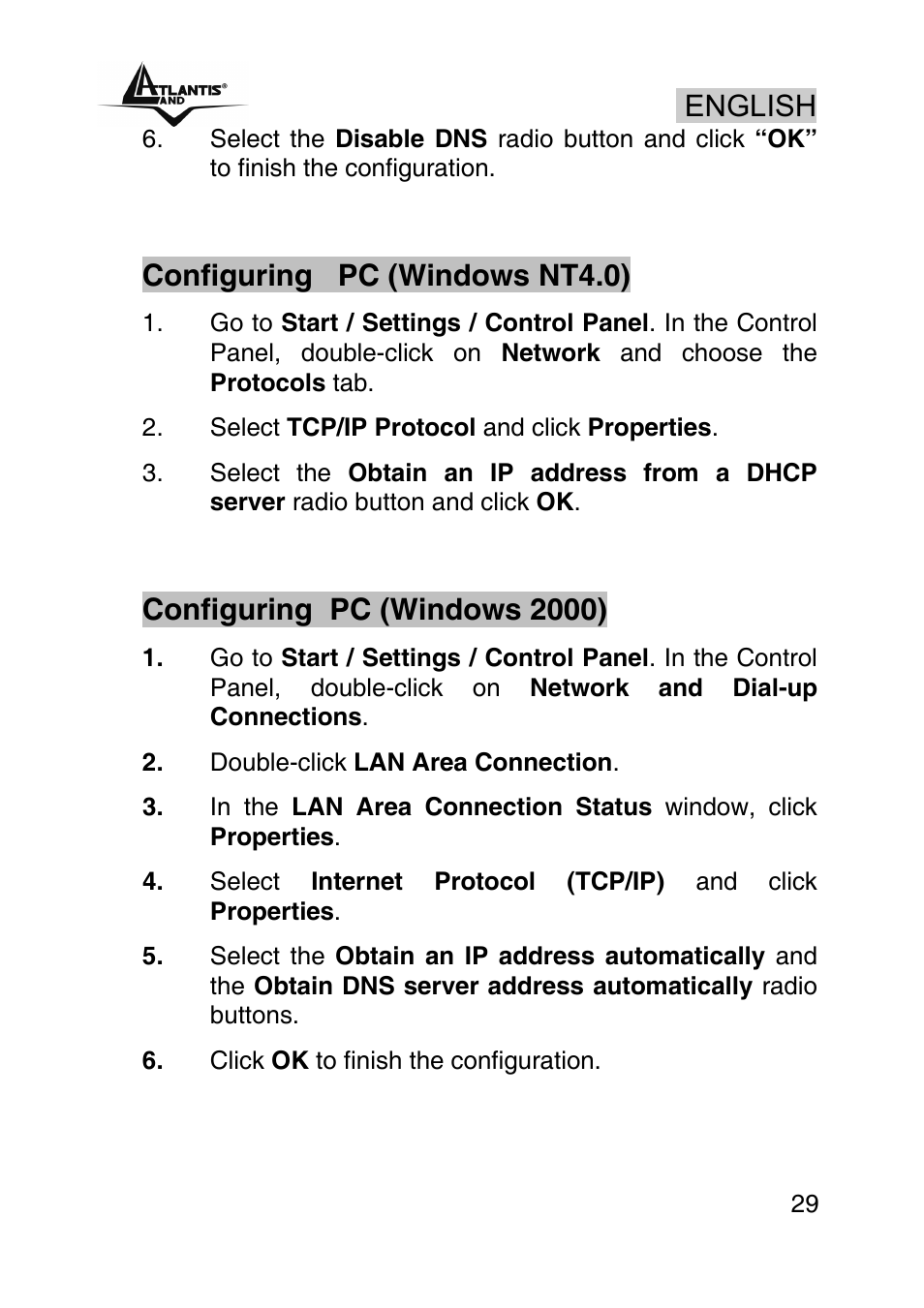 English, Configuring pc (windows nt4.0), Configuring pc (windows 2000) | Atlantis Land A02-RA242-W54_GX01 User Manual | Page 29 / 80