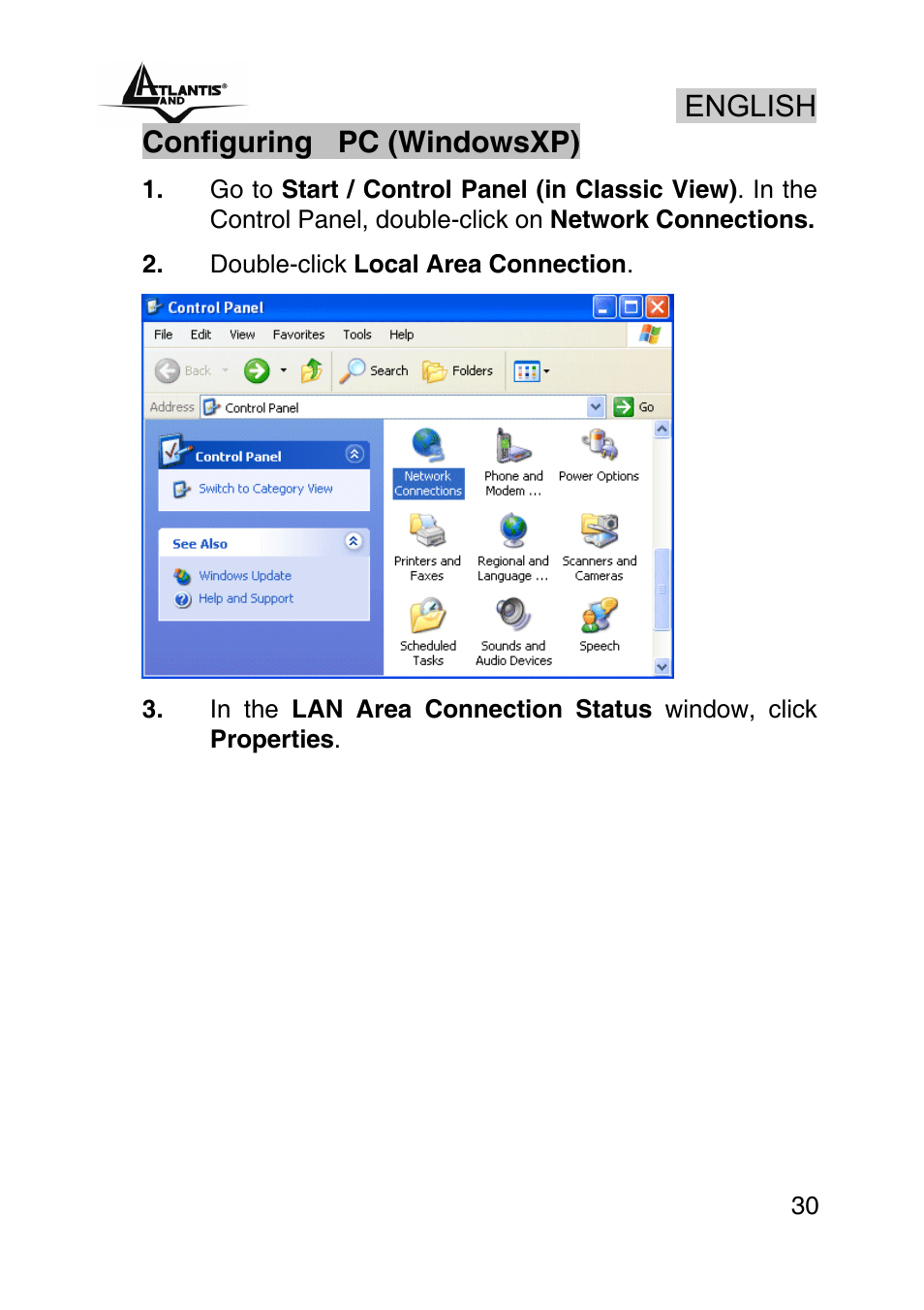 English, Configuring pc (windowsxp) | Atlantis Land A02-RA242-W54_GX01 User Manual | Page 30 / 80