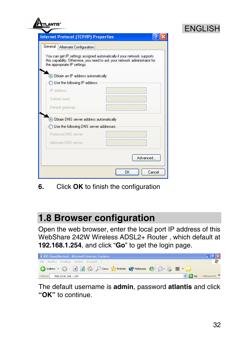 8 browser configuration, English | Atlantis Land A02-RA242-W54_GX01 User Manual | Page 32 / 80