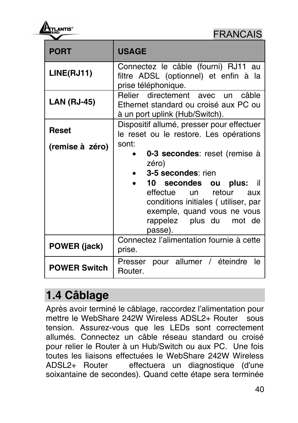 4 câblage, Francais | Atlantis Land A02-RA242-W54_GX01 User Manual | Page 40 / 80