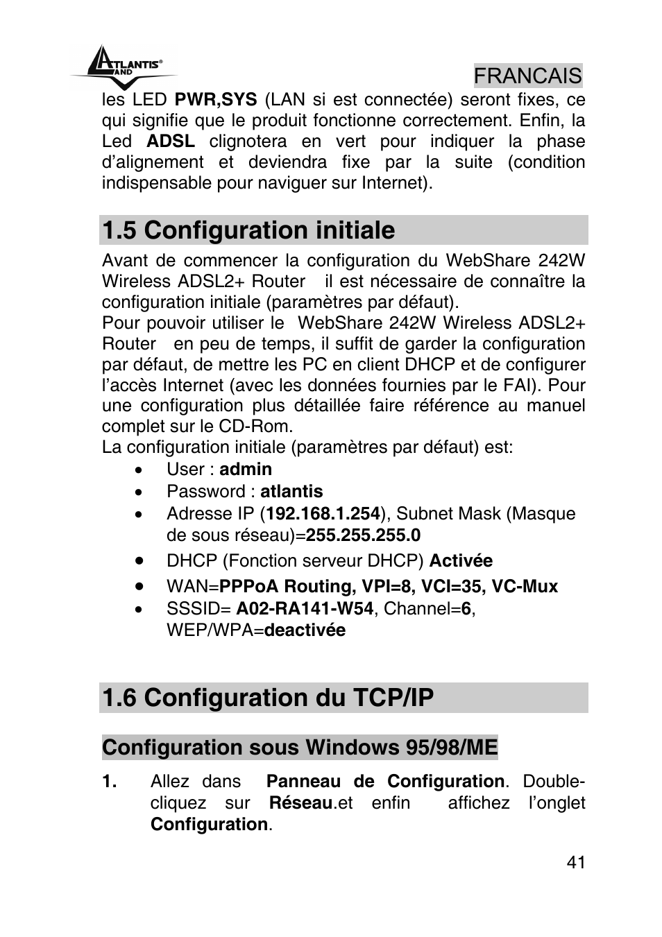 5 configuration initiale, 6 configuration du tcp/ip | Atlantis Land A02-RA242-W54_GX01 User Manual | Page 41 / 80