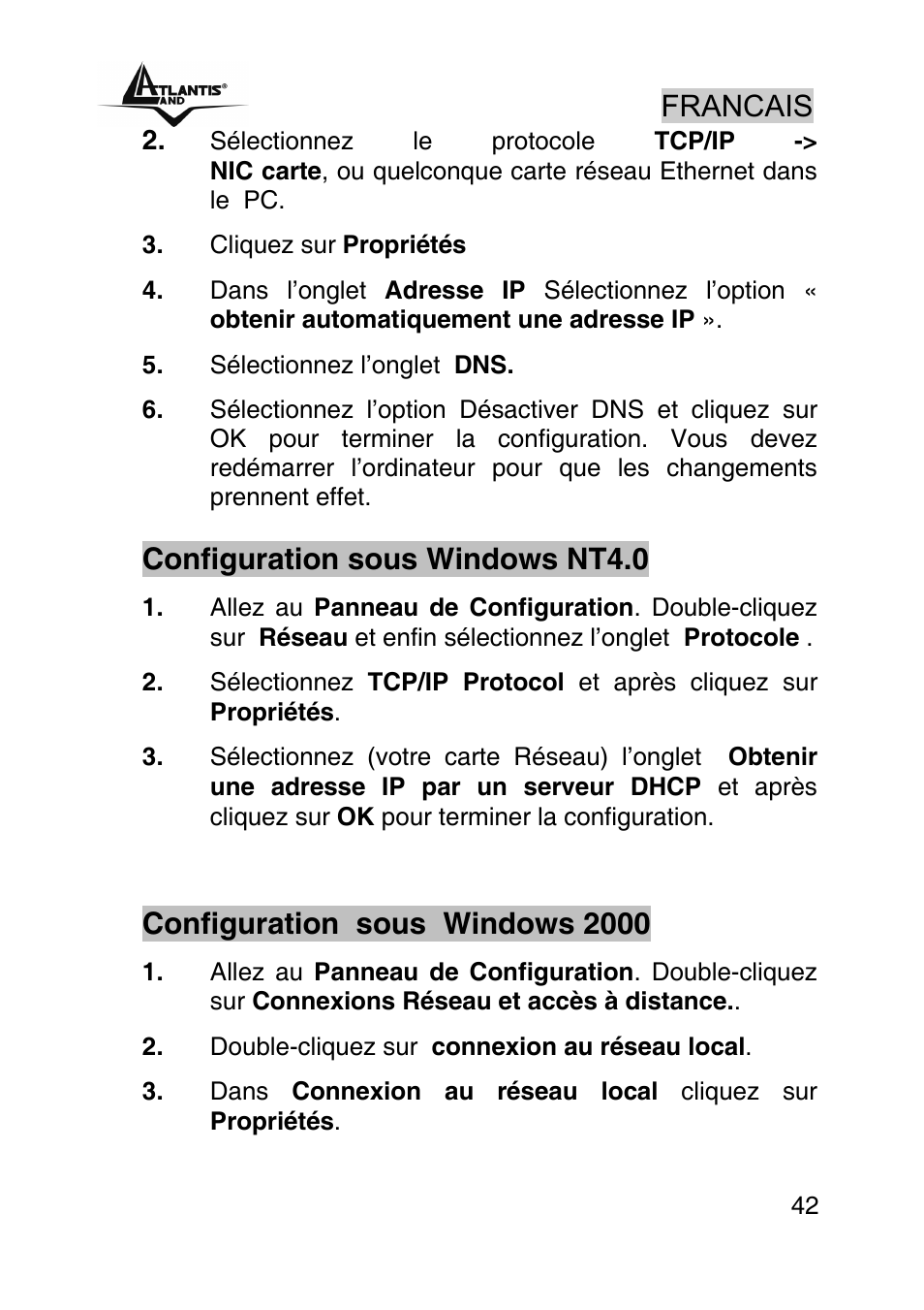 Francais, Configuration sous windows nt4.0, Configuration sous windows 2000 | Atlantis Land A02-RA242-W54_GX01 User Manual | Page 42 / 80