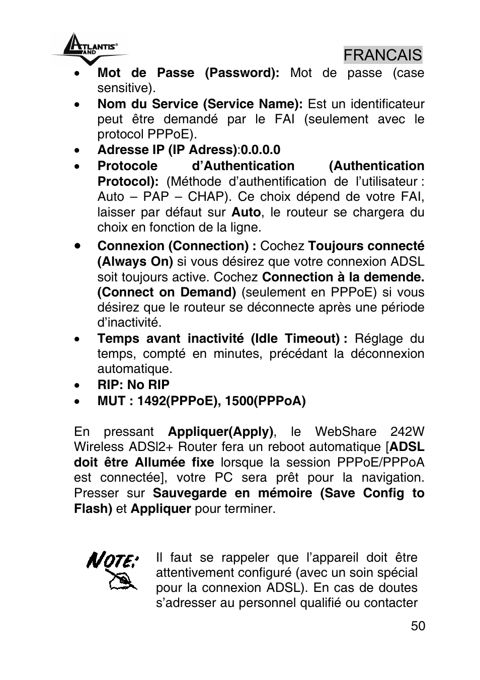 Francais | Atlantis Land A02-RA242-W54_GX01 User Manual | Page 50 / 80