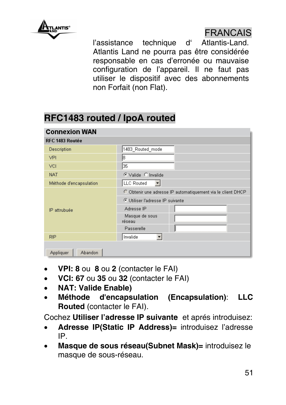 Francais, Rfc1483 routed / ipoa routed | Atlantis Land A02-RA242-W54_GX01 User Manual | Page 51 / 80