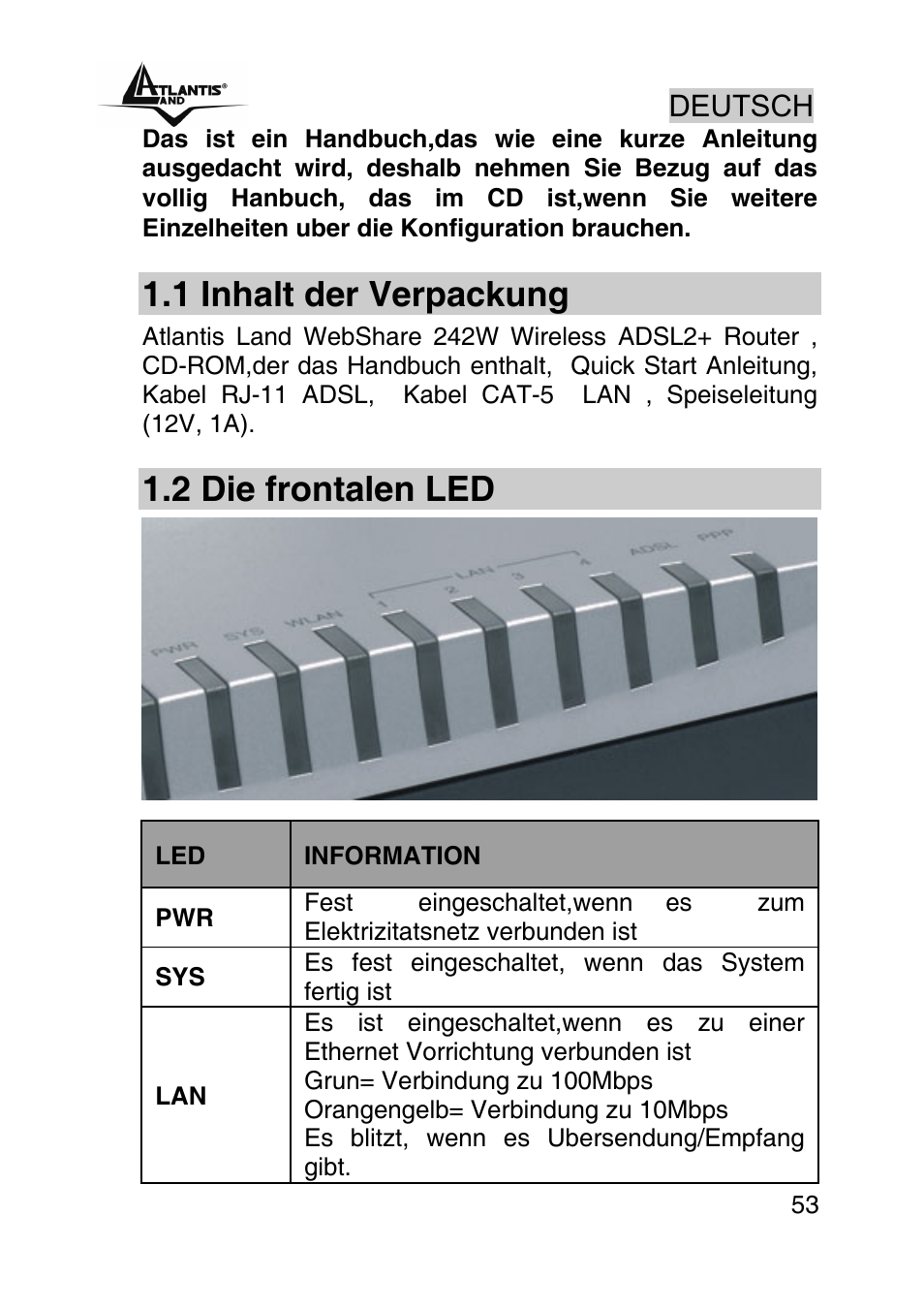 Deutsch, 1 inhalt der verpackung, 2 die frontalen led | Atlantis Land A02-RA242-W54_GX01 User Manual | Page 53 / 80