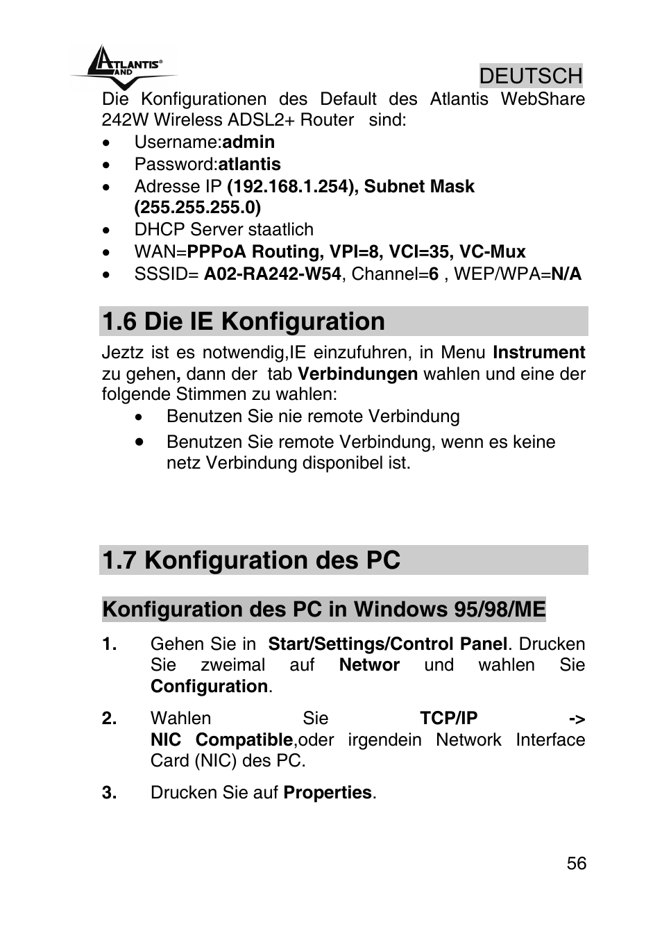 6 die ie konfiguration, 7 konfiguration des pc | Atlantis Land A02-RA242-W54_GX01 User Manual | Page 56 / 80