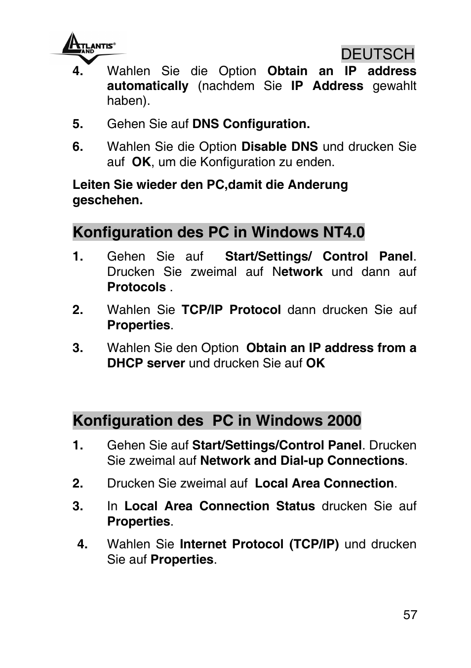 Deutsch, Konfiguration des pc in windows nt4.0, Konfiguration des pc in windows 2000 | Atlantis Land A02-RA242-W54_GX01 User Manual | Page 57 / 80