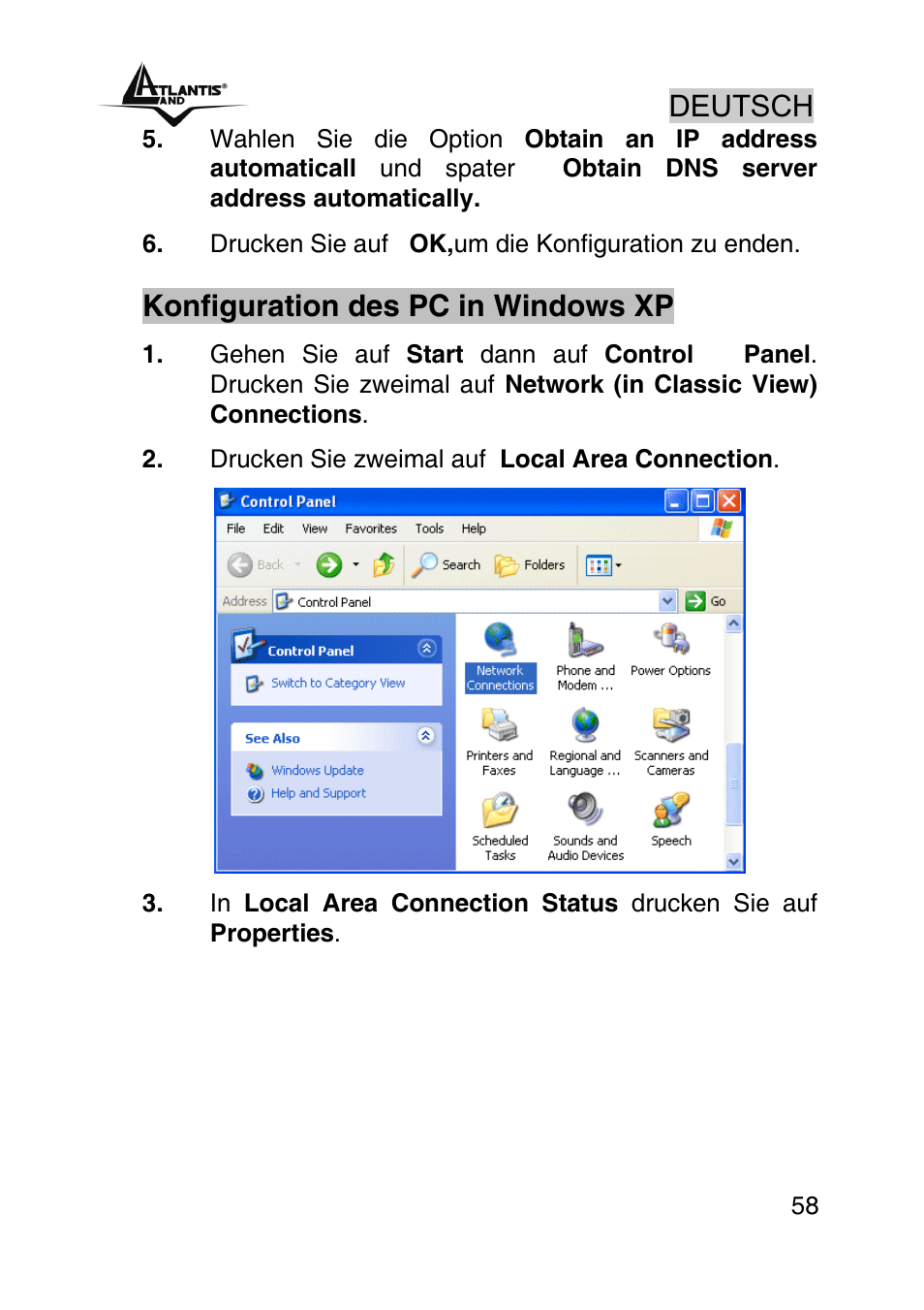 Deutsch, Konfiguration des pc in windows xp | Atlantis Land A02-RA242-W54_GX01 User Manual | Page 58 / 80