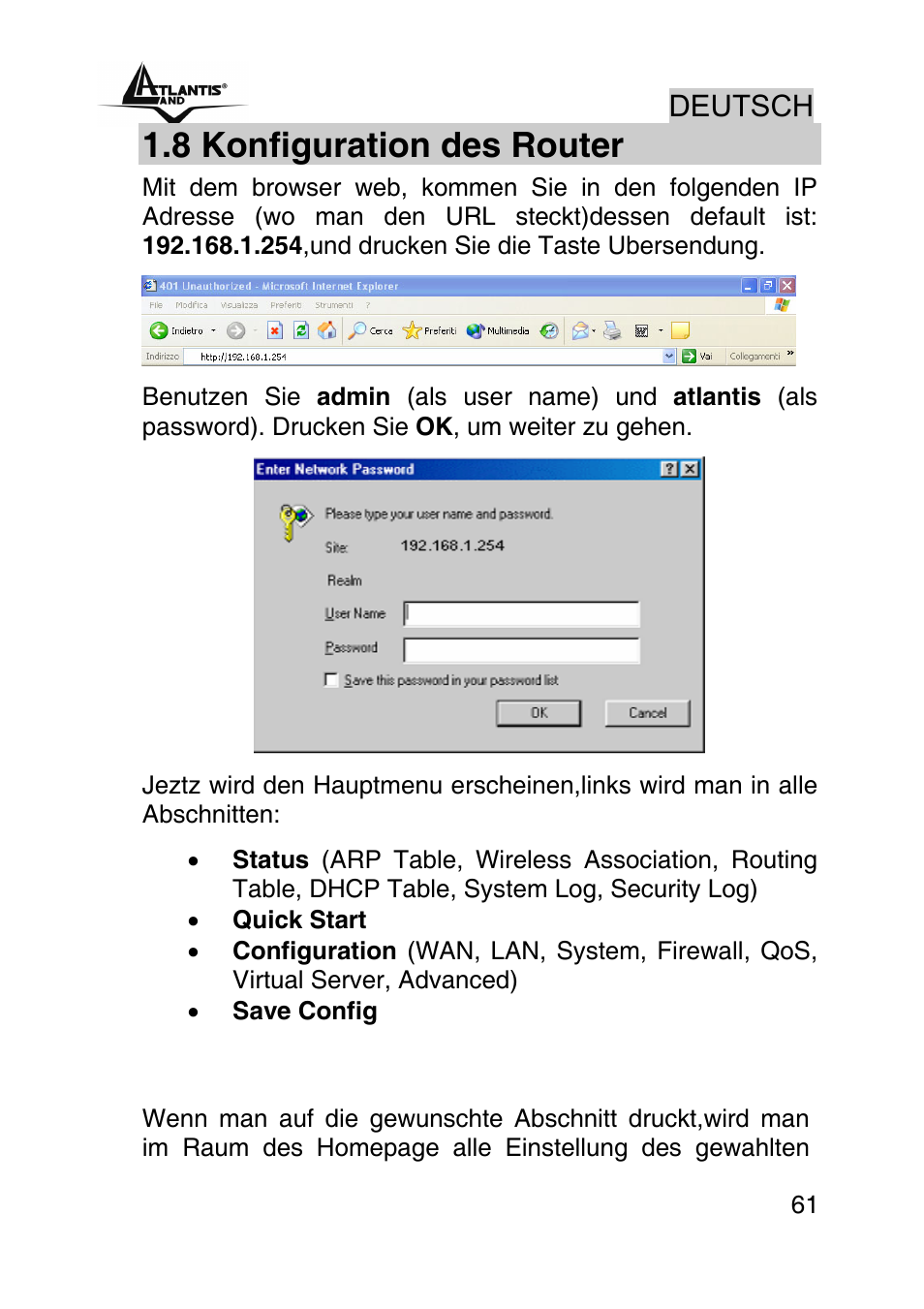 8 konfiguration des router, Deutsch | Atlantis Land A02-RA242-W54_GX01 User Manual | Page 61 / 80