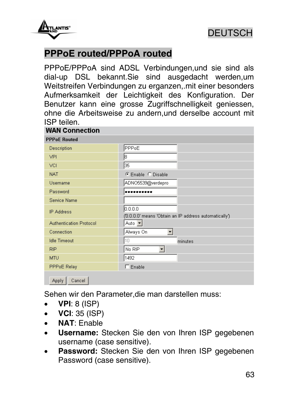 Deutsch, Pppoe routed/pppoa routed | Atlantis Land A02-RA242-W54_GX01 User Manual | Page 63 / 80