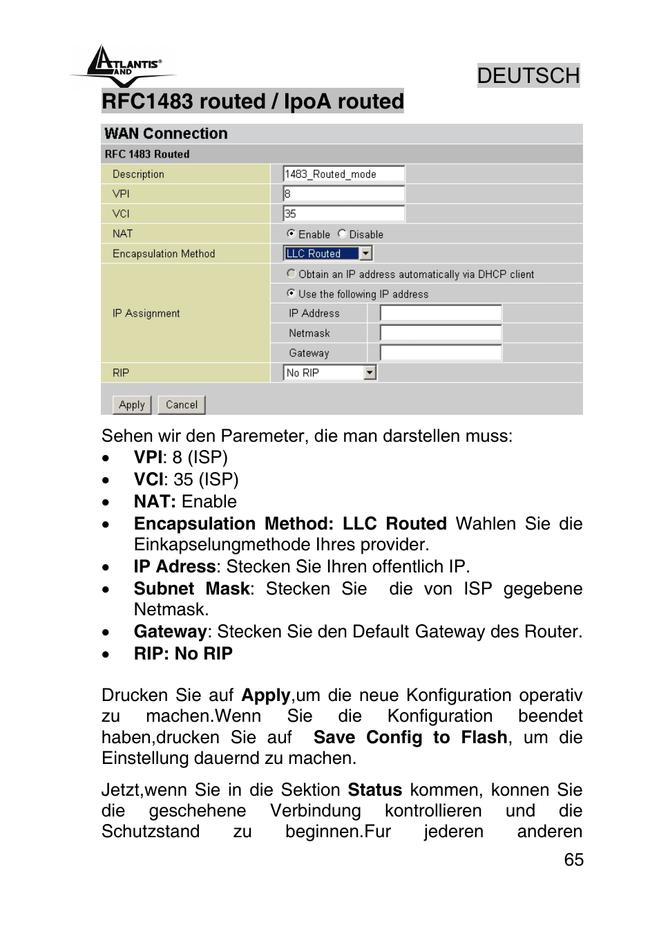 Deutsch, Rfc1483 routed / ipoa routed | Atlantis Land A02-RA242-W54_GX01 User Manual | Page 65 / 80