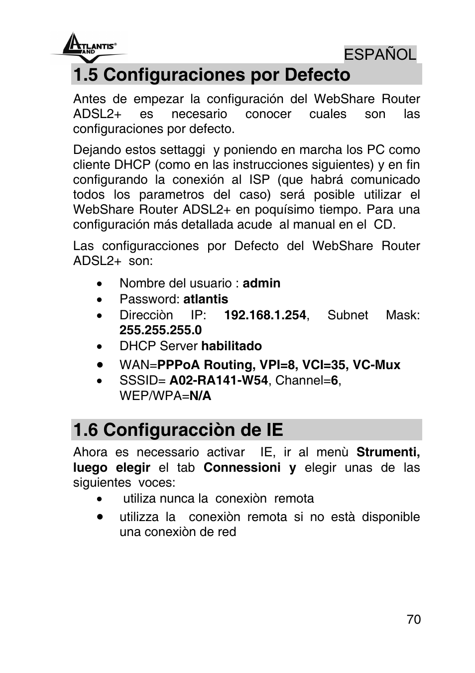 5 configuraciones por defecto, 6 configuracciòn de ie, Español | Atlantis Land A02-RA242-W54_GX01 User Manual | Page 70 / 80