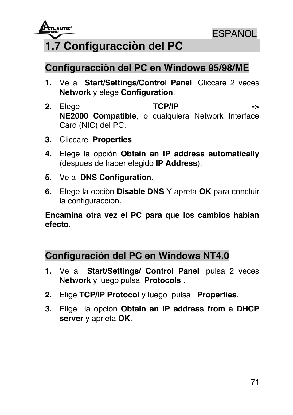 7 configuracciòn del pc | Atlantis Land A02-RA242-W54_GX01 User Manual | Page 71 / 80