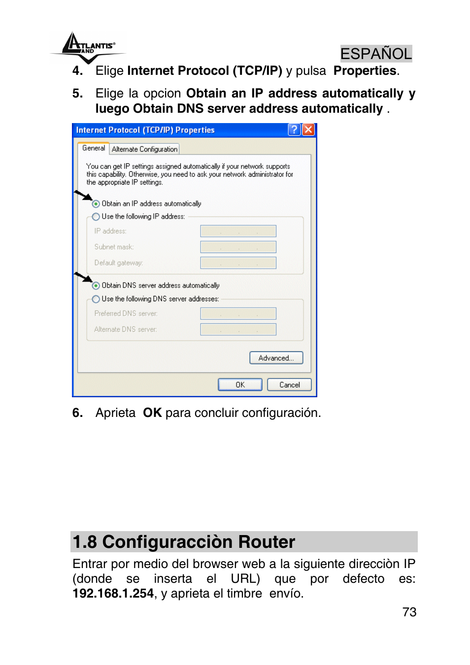 8 configuracciòn router, Español | Atlantis Land A02-RA242-W54_GX01 User Manual | Page 73 / 80